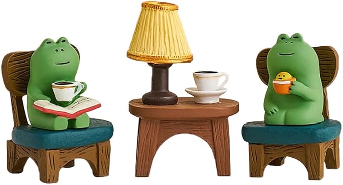 Miniature Frog Figurine Statue, Help Relax Enjoying Tea Time Mini Frog Cat Collection Desk Ofiice Bedroom Decor, Healing Heart Good Mood Indoor Home Decorations with Gift Box -Happy Chatting