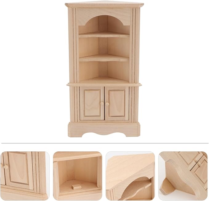 Yardwe Wooden Furniture Model - Miniature Dollhouse Triangular Storage Cabinet with Movable Door Beige Mini Cabinet for Dollhouse Decor and Simulation Scenes