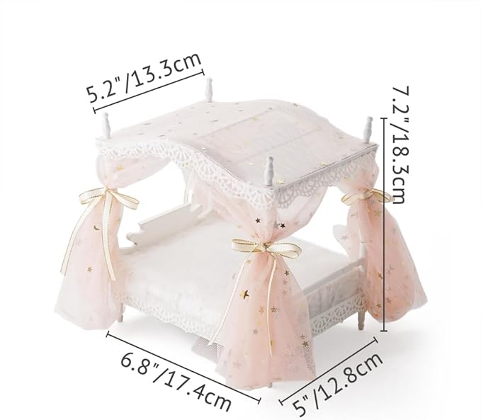 Odoria Dollhouse Princess Bed Miniature: 1/12 Scale Queen Bed Fluffy for 6 inch Dolls Bedroom - Mini Bedding Furniture with Luxury Canopy Pink