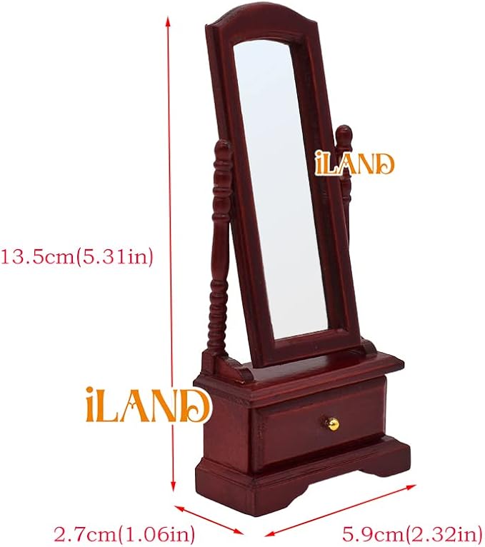 iLAND Vintage Dollhouse Furniture 1/12 Scale, Dollhouse Bedroom Furniture in Mahogany Color incl Dollhouse Bed & Mirror Full Length & Wardrobe & Bedside Table & Rocking Chair (Brewster 7pcs)