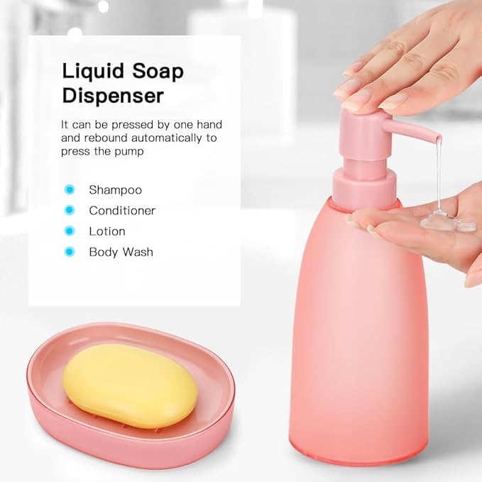 OTOSTAR Bathroom Accessory Set 8 Pcs Pink Bathroom Accessories Set Bathroom Set with Trash Can Soap Dispenser Toothbrush Holder Tumbler Soap Dish Toilet Brush Holder Qtip Holder (Pink)