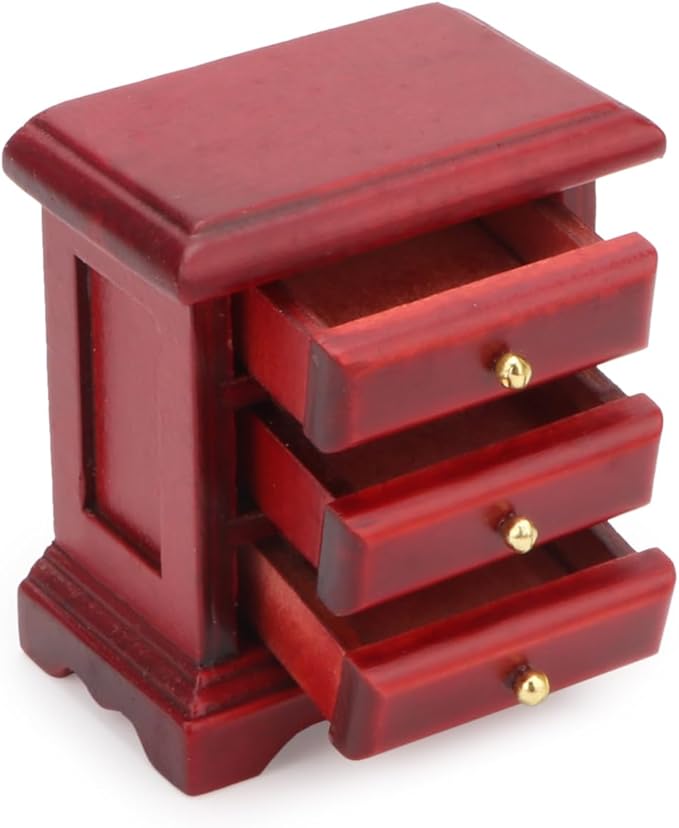 Miniature Bedside 1:12 Furniture Dollhouse Nightstand Bedroom Drawer Cabinet Model Accessories Mini House Scene Building Tabletop Decorations (Red)