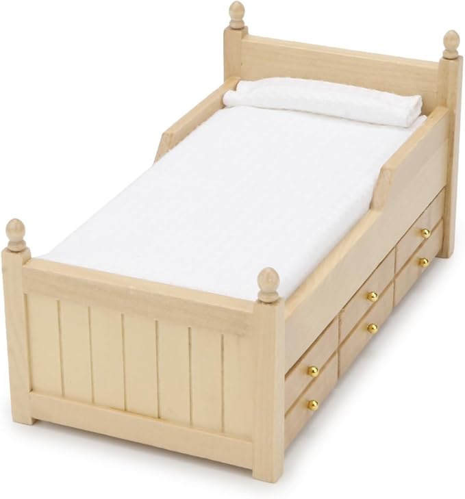 Dollhouse Miniature Bed with Drawer 1:12 Wooden Furniture European Bedroom Bedding Furniture Accessories with Pillow & Mattresses Vintage Floral Fabric Mini House Decoration (Woody)