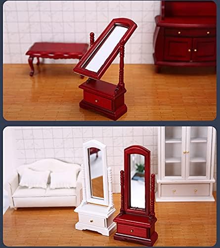 Miniature Furniture Fitting Mirror 1:12 Scale Dollhouse Bedroom Dressing Mirror with Drawer Model Accessory Mini Scene Ornament Desktop Decoration（Red