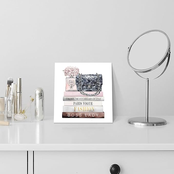 Dream Land Perfume Bottle Canvas Wall Art: Fashion 12"x12" Glam Pink Book Stack Prints for Women Bedroom Makeup Room