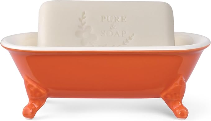 NEWHENGS 6.5" Ceramic Mini Decorative Clawfoot Bathtub Bar Soap Dish, Kitchen Sponge Holder and Shower Tray for Bathroom, 1 Pack(Dark Orange)