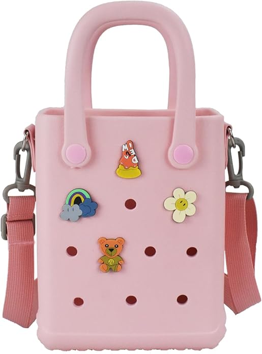 Mini Rubber Beach Bag with Strap & Charms, Waterproof EVA Beach Bag for Girls, Small Rubber Tote Bag for Women