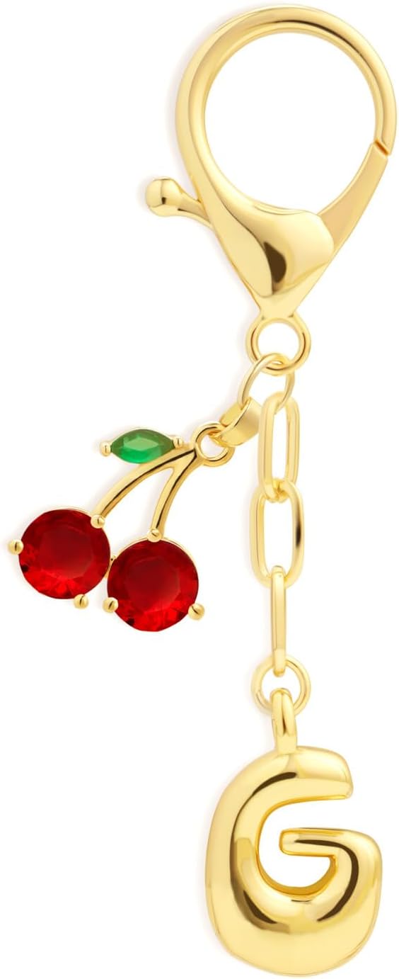 Fohufo Initial Keychains for Women - Cute Cherry Bag Charms Purse, 14K Gold Plated Keychain Accessories, Birthday Gifts