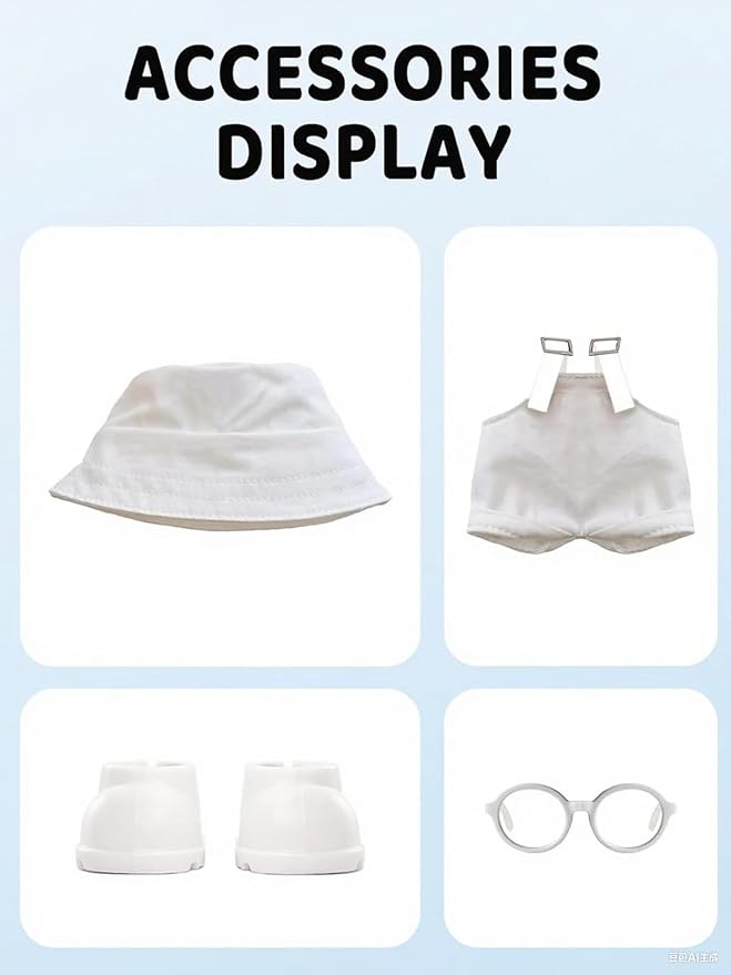 2PCS Doll Clothes Set for 17cm Dolls – Stylish Outfit with 2 Hat, 2 Overalls, 2 Shoes & 2 Glasses of Clothes Designer, Cute Clothes for Dress up Unique Style (White+Pink) (Doll Not Included)
