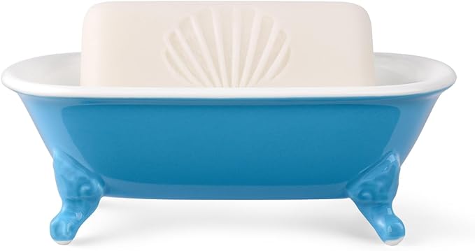 NEWHENGS 6.5" Ceramic Mini Decorative Clawfoot Bathtub Bar Soap Dish, Kitchen Sponge Holder and Shower Tray for Bathroom, 1 Pack(Pacific Blue)