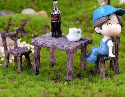 3 Pcs Miniature Table and Chairs Set - Outdoor Pastoral Style Fairy Garden Furniture Ornaments - Resin Bench & Chair Kit for Dollhouse Accessories, Micro Landscape & Home Decorations (Vintage Design)
