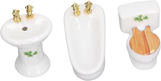 shenruifa 3Pcs Dollhouse Miniature Bathroom Set, 1:24 Ceramic Simulation Bathtub Toilet Sink Dollhouse Bathroom Furniture (4 Leaf)