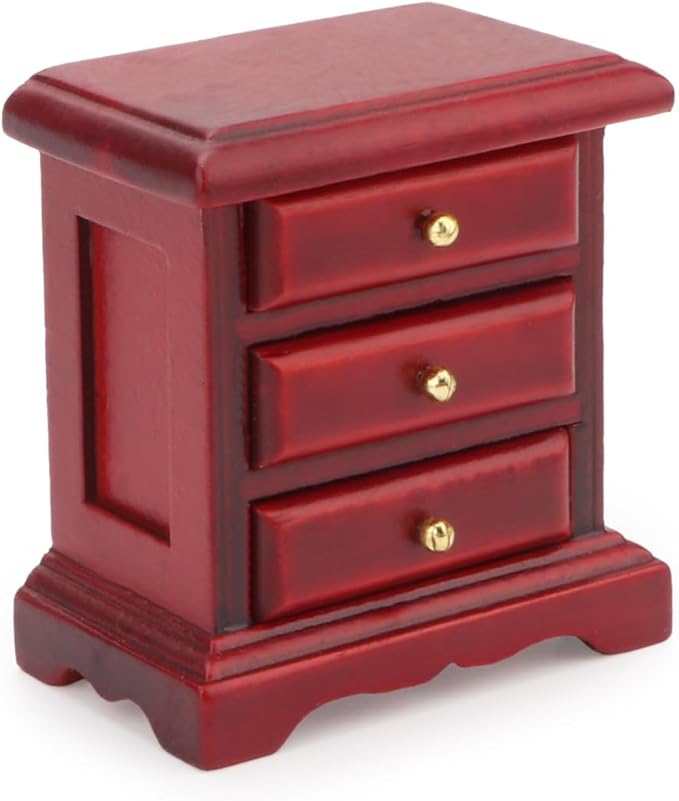 Miniature Bedside 1:12 Furniture Dollhouse Nightstand Bedroom Drawer Cabinet Model Accessories Mini House Scene Building Tabletop Decorations (Red)
