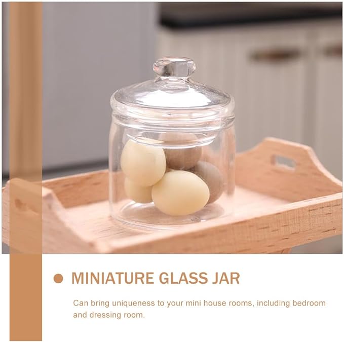 2 Pcs Miniature Glass Storage Jars with Lids for Dollhouse Decoration, Clear Mini Glass Canisters for Miniature Scenes, Creative Candy Containers
