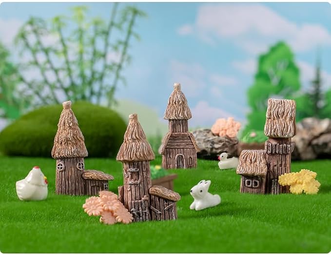 4 Pieces Miniature Tree House Set - Vintage Fairy Garden Decor, DIY House Ornaments for Micro Landscape, Home Decoration, Accessories for Fairy Garden Supplies, Outdoor & Desktop Decor