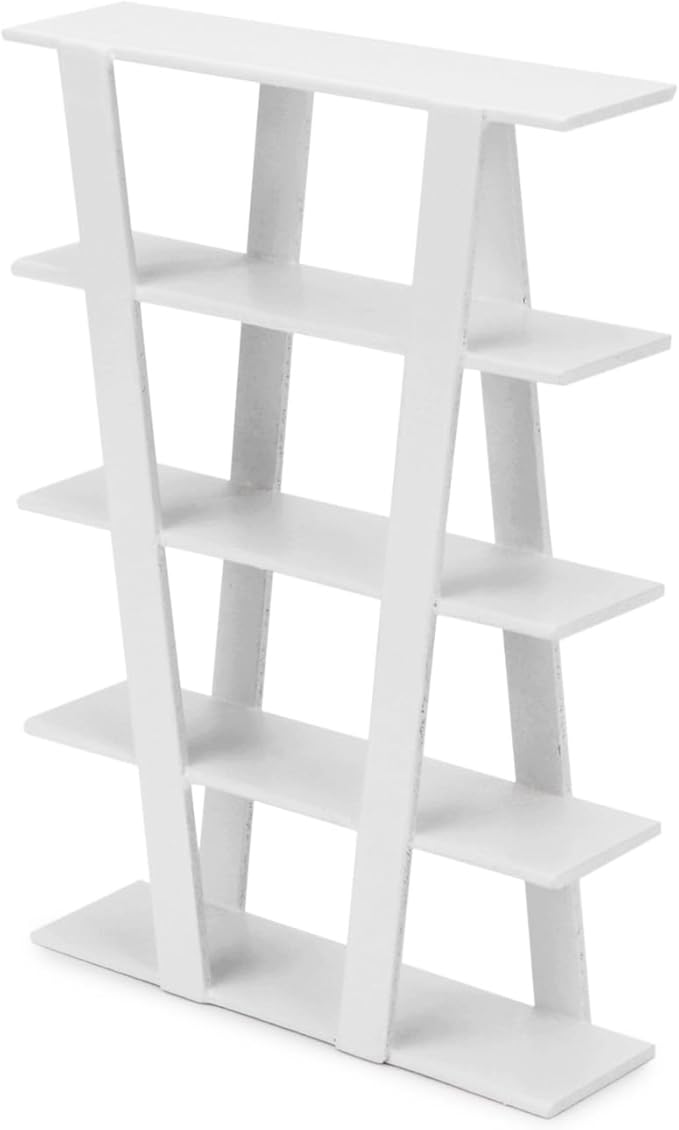 Dollhouse Shelf Miniature Furniture Bookshelf 1/12 Scale Wooden Storage Rack Four Tier Shelves Doll House Accessories and Furniture Display Stand Mini Scene Ornaments Decoration (White)