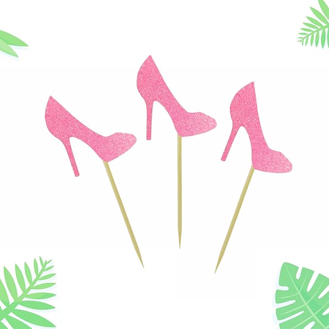 Morndew 24 PCS Pink Glitter Heels Cupcake Toppers for Theme Party Gender Reveal Party Baby Shower Birthday Party Wedding Party Decorations