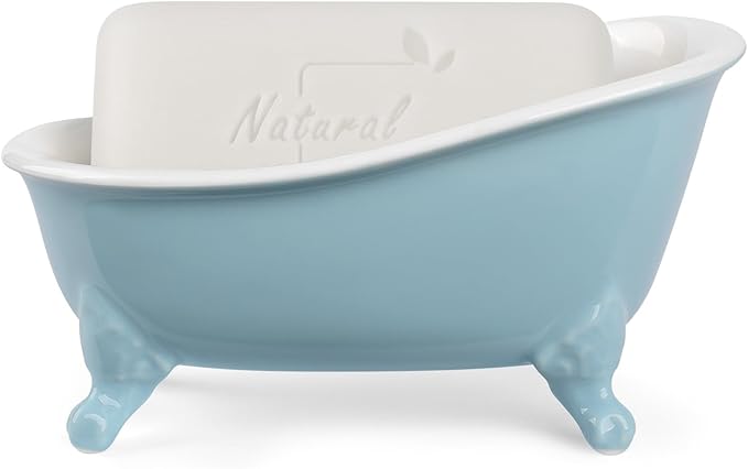 NEWHENGS 6.1" Vintage Ceramic Mini Decorative Clawfoot Bathtub Bar Soap Dish, Kitchen Sponge Holder and Shower Tray for Bathroom, 1 Pack (Baby Blue)