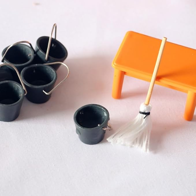 Kisangel 16sets Miniature Mop with Bucket, 1:12 Scale Mini Cleaning Tools for Dollhouses Furniture Landscapes Decoration