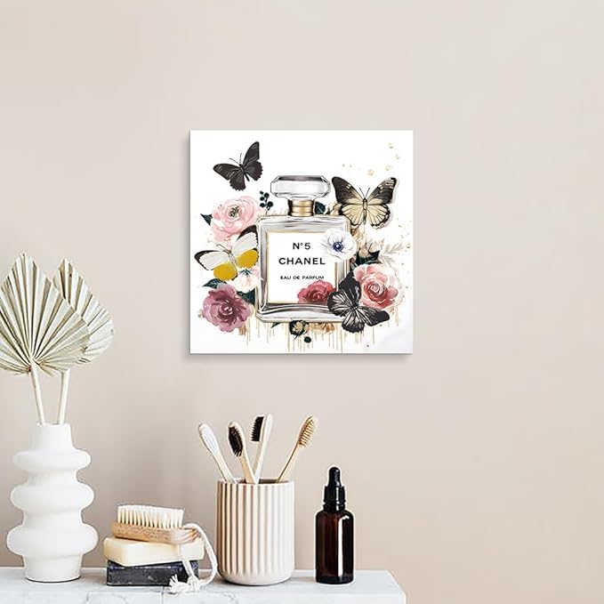 Dream Land Perfume Bottle Canvas Wall Art: Fashion Glam Flower Picture 12x12 Gold Foils Butterfly Prints