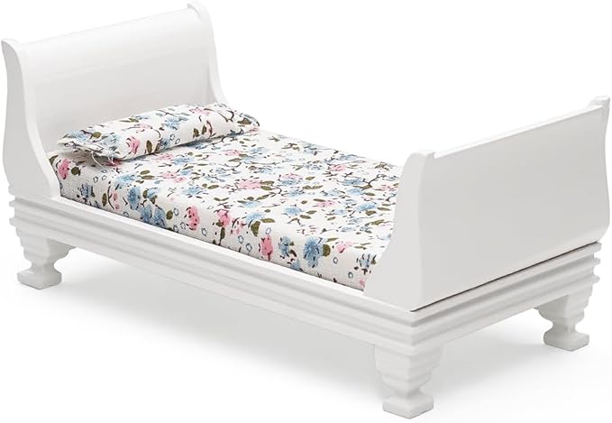 Odoria Dollhouse Single Bed Miniature: 1/12 Scale Wooden Bed Victorian for 6 inch Dolls Bedroom Vintage - Mini White Furniture with Bedding Fabric