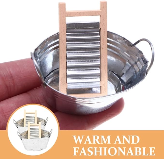 BESPORTBLE Mini Tinplate Basin Set of 2 Dollhouse Accessories Silver Iron Miniature Washboard for 1 12 Scale Doll House Bathroom Decor
