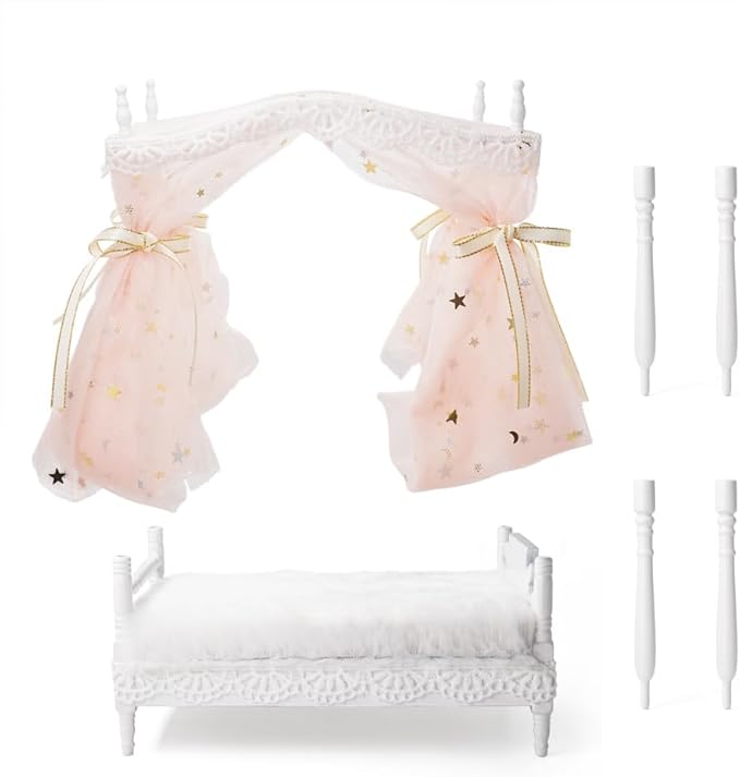 Odoria Dollhouse Princess Bed Miniature: 1/12 Scale Queen Bed Fluffy for 6 inch Dolls Bedroom - Mini Bedding Furniture with Luxury Canopy Pink