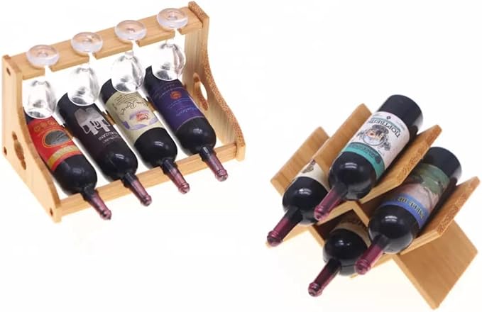 Dollhouse Accessories Wine Bottle Set,1 12 Scale Object Including 4 Bottles of Wine with 4 Glasses and a Holder for Mini House Decoration(Modern Style)