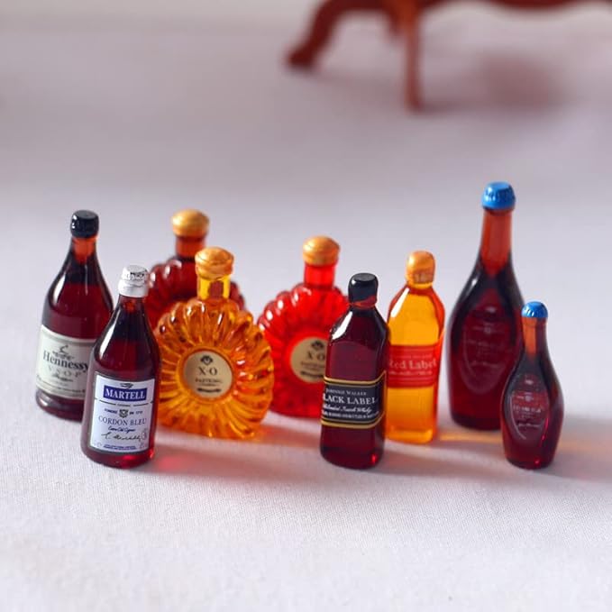 SXFSE Dollhouse Decoration Accessories, 1:12 Dollhouse Ornament 9 Pcs Mini Wine Bottles