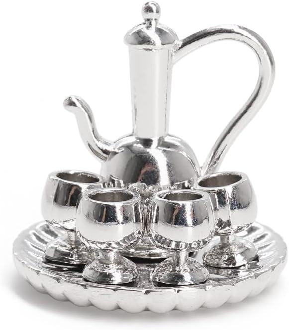 Odoria 1/12 Miniature Wine Flagon and Glasses Dollhouse Decoration Accessories, Silver