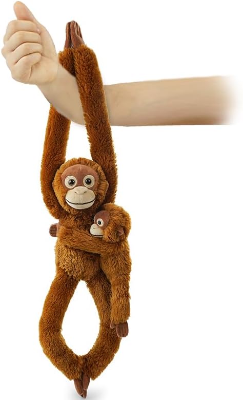 2pcs Orangutans Hanging Stuffed Animal Mother with Baby Hangs Plush Toys, Hooks and Stuffed Animals with Rings for Kids, Gifts for Boys and Girls（Red）