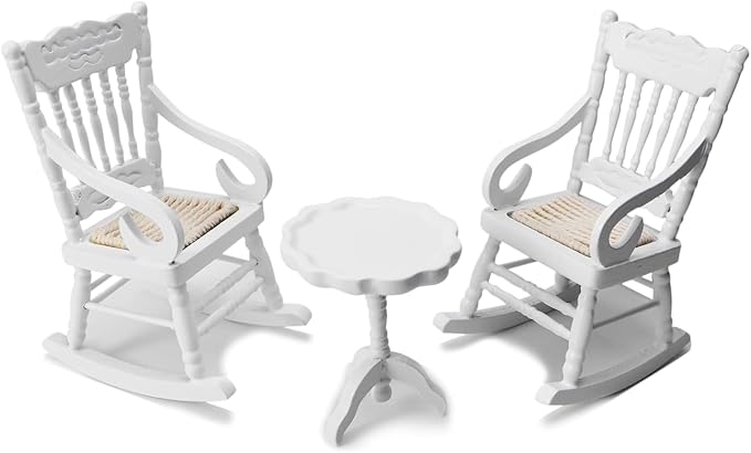 Dollhouse Chairs 2PCS Miniature Rocking Chair 1:12 Scale Wooden FurnitureAccessories Tiny Mini House Home Outdoor Cake Topper Decoration ModelLiving Room Scene Christmas Craft Displays (White)