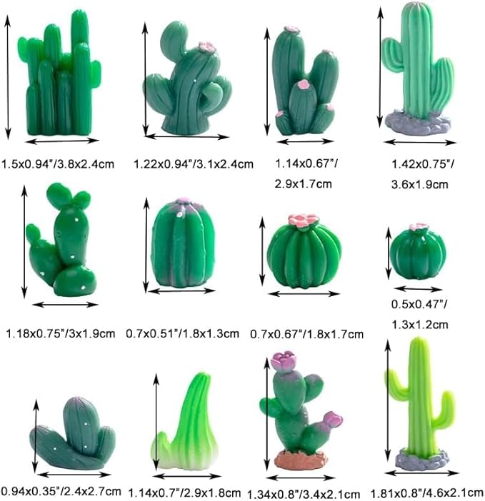12 Pcs Realistic Mini Cactus Figurines – Resin Cactus Models in Various Shapes, Miniature Green Cacti Ornaments for DIY Dollhouse, Fairy Garden, Bonsai, Micro Landscape, Car & Cake Toppers