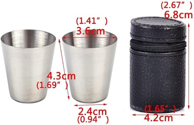 Billion Deals Shot Glasses Stainless Steel 4 Piece 1 Ounce Vessel Mini Portable Wine Travel Camping Drinking Mug Coffee Beer Cup with 1 Black Leather Case