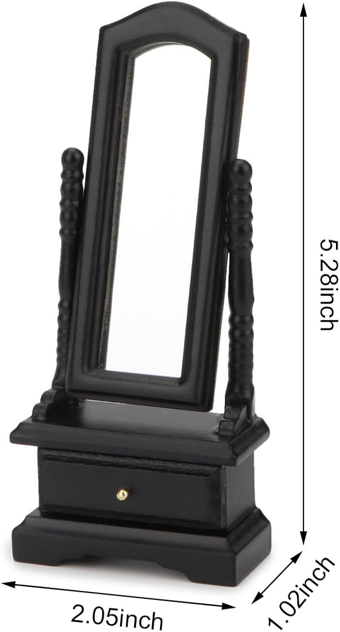 Miniature Furniture Fitting Mirror 1:12 Scale Dollhouse Bedroom Dressing Mirror with Drawer Model Accessory Mini Scene Ornament Desktop Decoration (Brown)