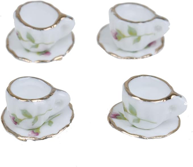 15 Pcs 1:12 Dollhouse Dining Ware Miniature Dish Cup Plate Pink Rose Chintz with Golden Trim Tableware Porcelain Ceramic Coffee Tea Cups Set,Dollhouse Decoration Kitchen Accessories