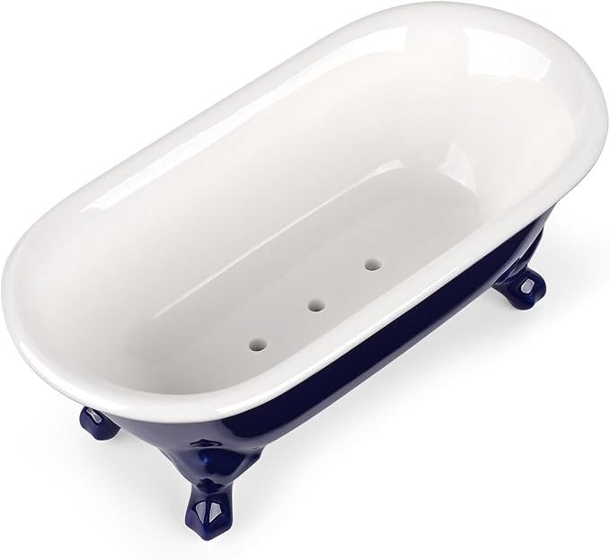 NEWHENGS 6.5" Ceramic Mini Decorative Clawfoot Bathtub Bar Soap Dish, Kitchen Sponge Holder and Shower Tray for Bathroom, 1 Pack(Navy Blue)