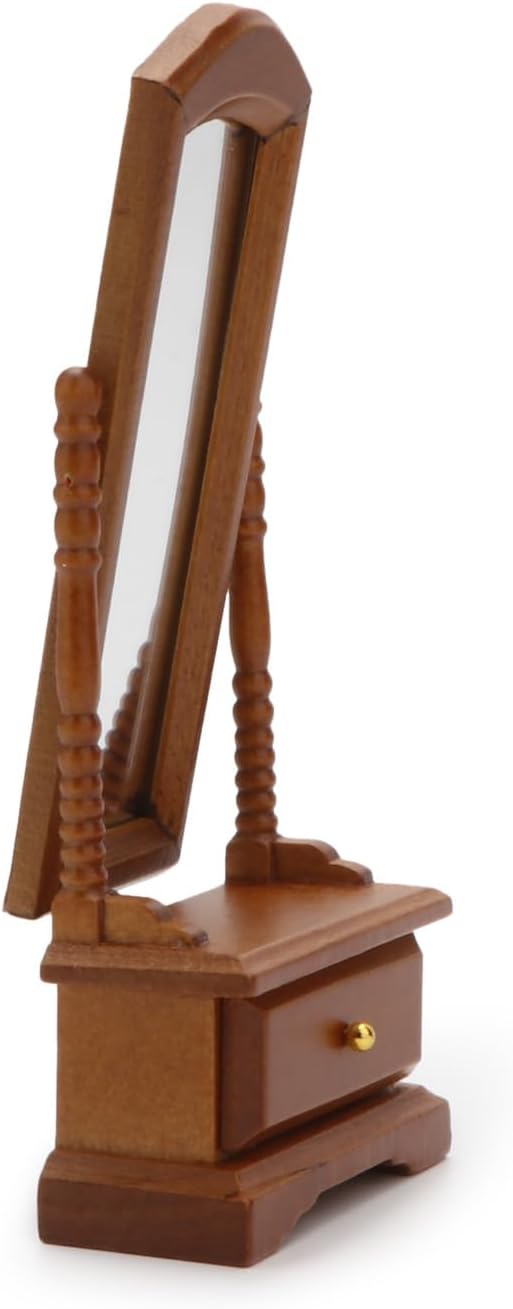 Miniature Furniture Fitting Mirror 1:12 Scale Dollhouse Bedroom Dressing Mirror with Drawer Model Accessory Mini Scene Ornament Desktop Decoration (Brown)