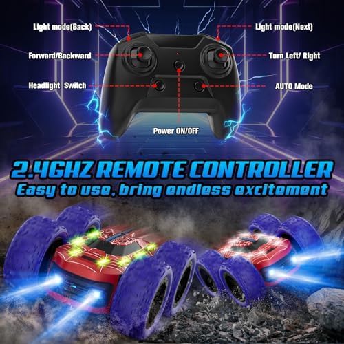 Kazswitle Remote Control Car for Boys, RC Cars for Kids with Colored LED Lights, 2.4Ghz Double Sided 360° Flips 4WD Stunt Car, Rechargeable Toy Cars for Boys Girls Ages 4-6 5-7 6-8 8-12 Birthday Gift
