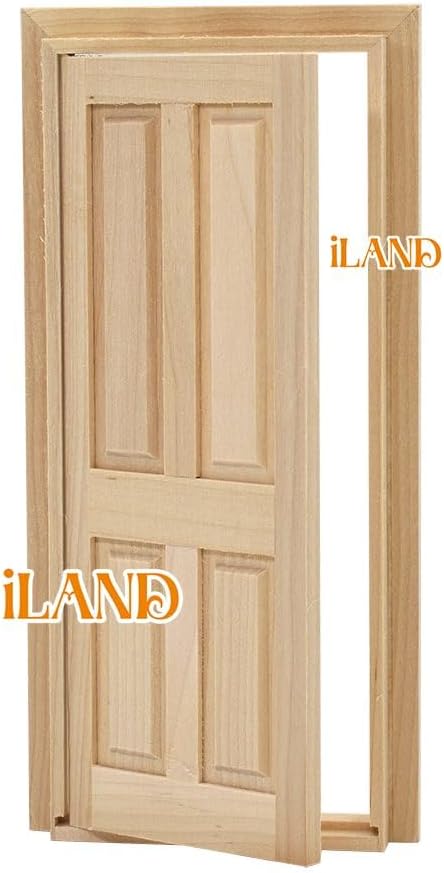 iLAND Wooden Dollhouse Door of 1/12 Scale Accessories, Dollhouse Building Materials, Classic 4-Pannel Miniature Door w/Trims & Doorknob & Key (Classic 4-Pannel Door)