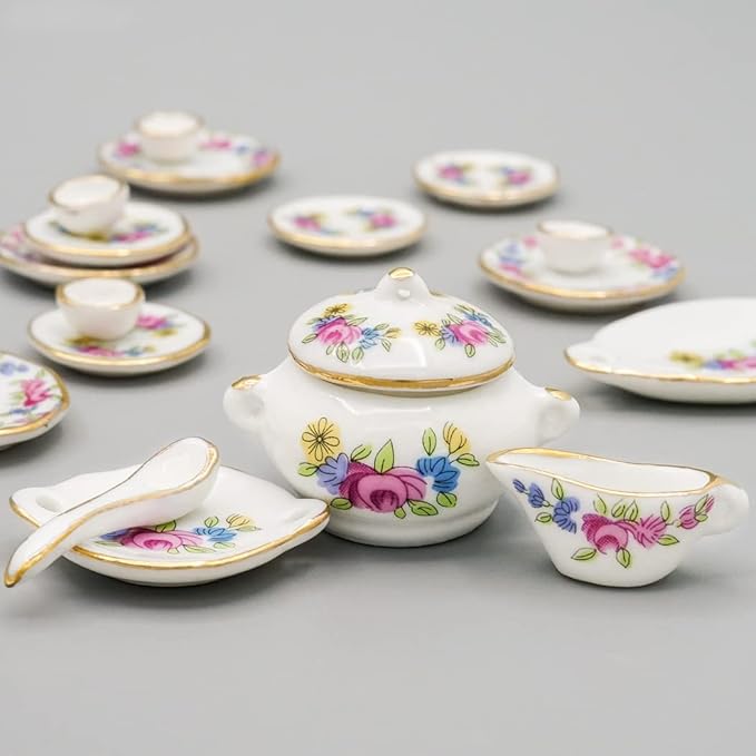 Odoria 1/12 Miniature Dish Dinnerware Set 17Pcs Dollhouse Decoration Accessories, Pink Rose