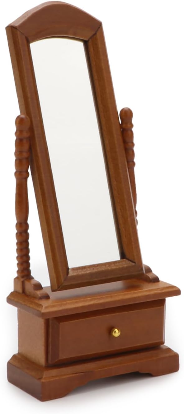Miniature Furniture Fitting Mirror 1:12 Scale Dollhouse Bedroom Dressing Mirror with Drawer Model Accessory Mini Scene Ornament Desktop Decoration (Brown)