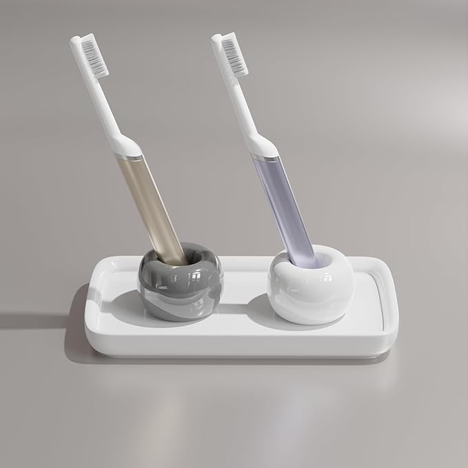 ELIKAI Ceramic Toothbrush Holder Set with Tray, Countertop Organizer for Bathroom, Storage Solution for Toothbrushes, Bathroom Accessories - (Grey & White) – 2 Pack