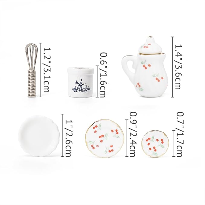 Odoria 1/12 Dollhouse Miniature Tea Set Porcelain 15Pcs Dolls Decoration Accessories with 16Pcs Miniatures Kitchen Plates Cutlery Set and Cooking Supplies, Cherry