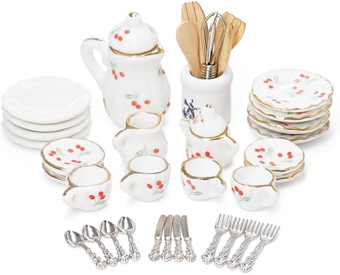Odoria 1/12 Dollhouse Miniature Tea Set Porcelain 15Pcs Dolls Decoration Accessories with 16Pcs Miniatures Kitchen Plates Cutlery Set and Cooking Supplies, Cherry