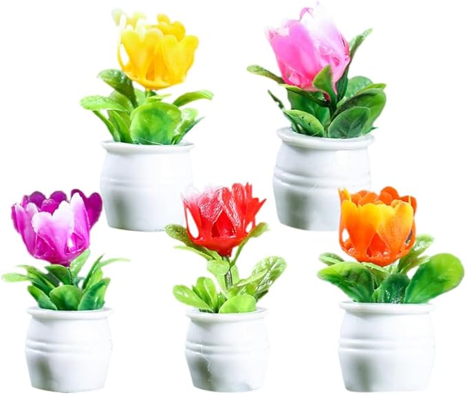 LALADEFIEE Miniature Flower Pots 5Pcs Dollhouse Accessories Tiny Potted Plant Models Realistic Resin Bonsai Decorations for Dollhouse Tabletop Micro Landscape