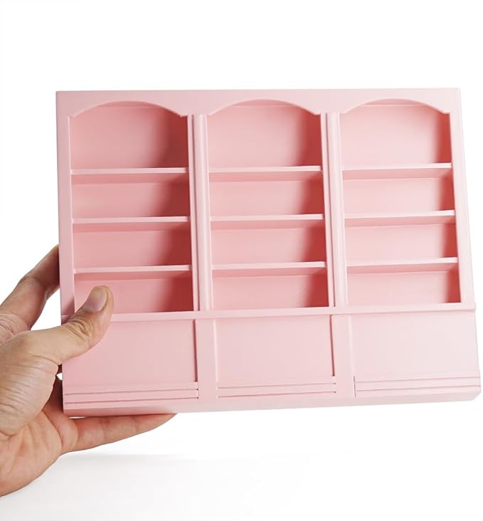 Odoria Dollhouse Bookcase Shelf Miniature: 1/12 Scale Bookshelf for Books Library School Office Modern - Mini Wall Display Cabinet Storage Shelving - Tiny Wood Furniture Cute Pink