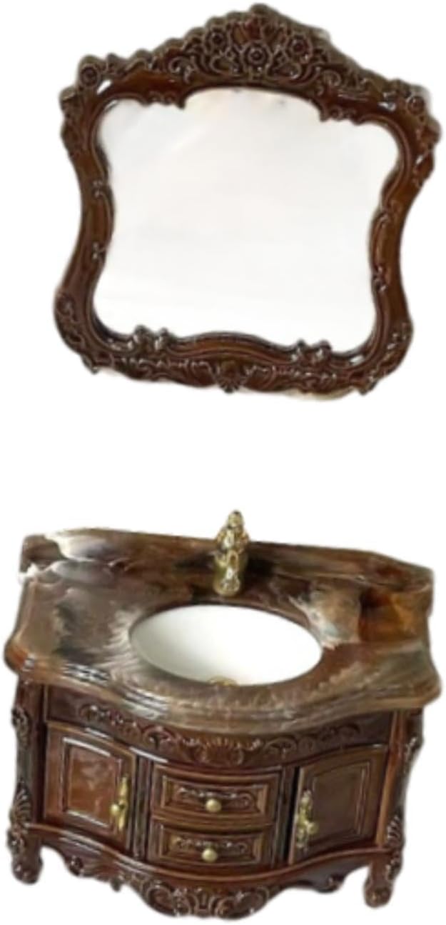 Luwecf 2 Pieces 1:12 Dollhouse Sink Cabinet Scene Model Ornament Bathroom Furniture Accessories Classic Mini Bathroom Washbasin Set, Brown