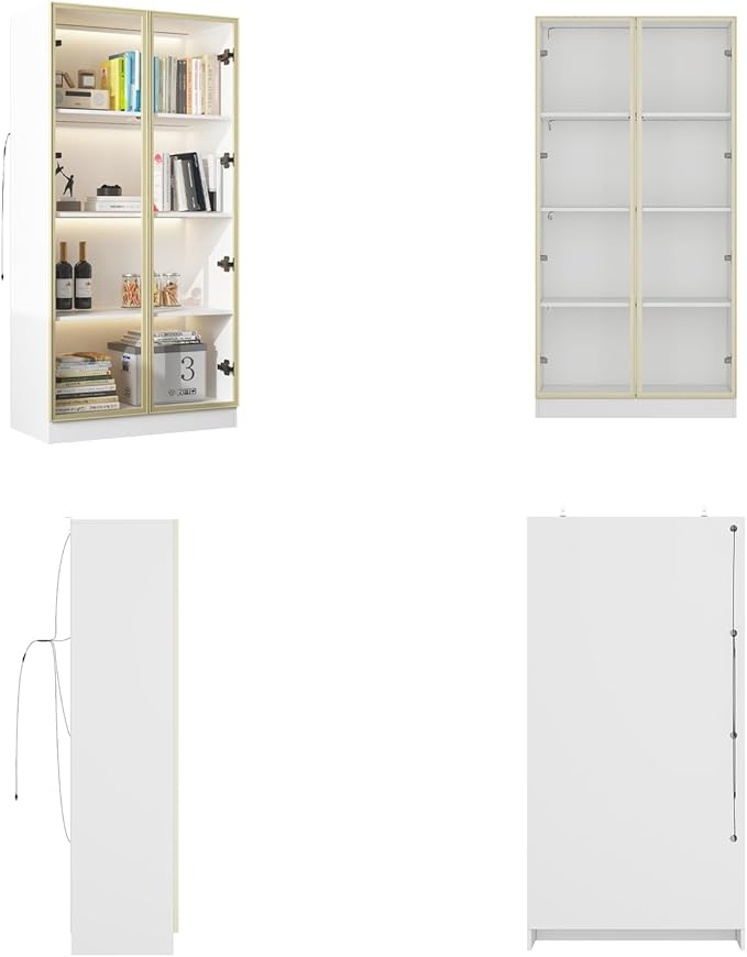 FAMAPY Display Cabinet with Glass Doors and Lights, Glass Display Cabinet with 4-Tier Storage Shelves, Pop-up Design, Trophy Case White and Champagne Gold (31.5”W x 15.7”D x 63”H)
