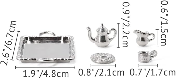Odoria 1/12 Miniature Tea Set 8Pcs Dollhouse Decoration Accessories, Silver